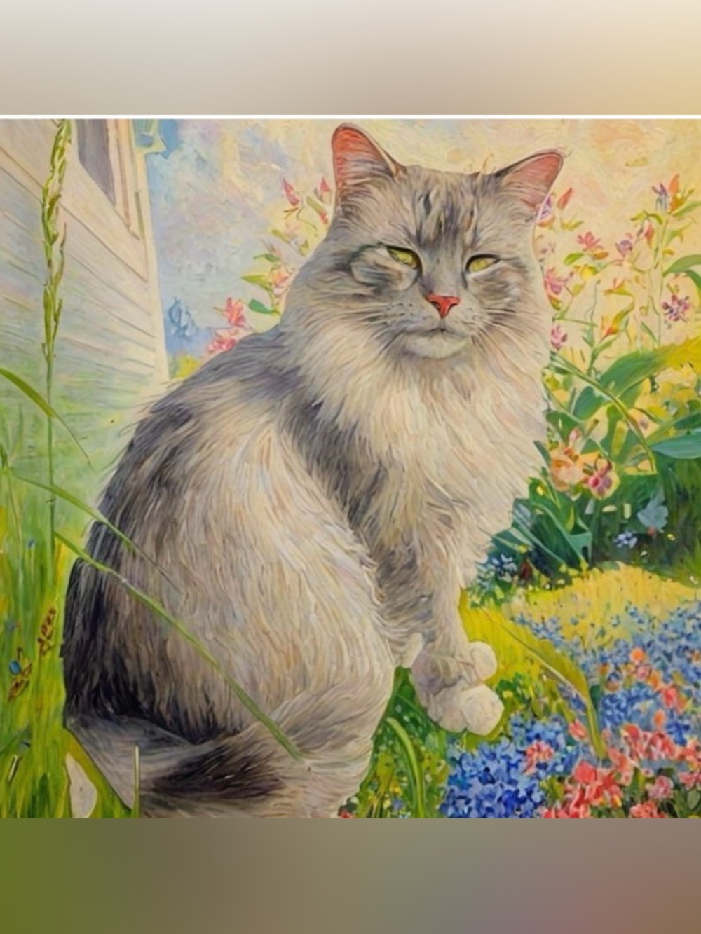 Garden Gray & White Cat Portrait Paper Print for Pet Lovers